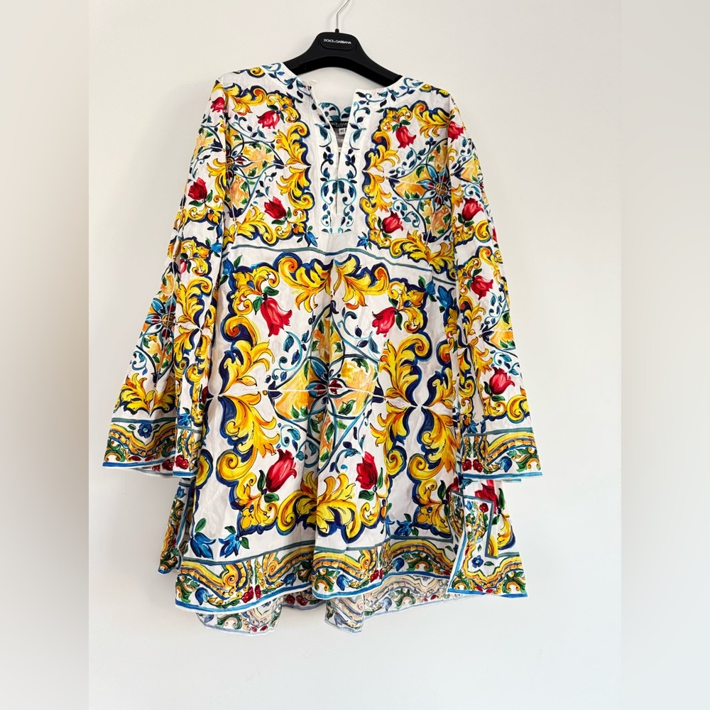 Dolce and Gabbana Majolica Printed Cotton Bell Sleeve Kaftan Dress size IT 42 - Picture 4 of 13